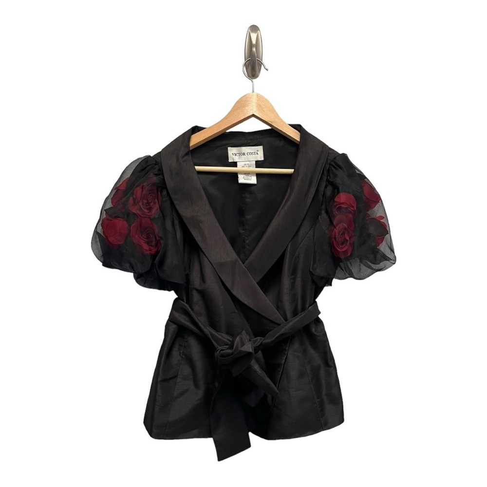 Vintage Victor Costa Wrap Top Silk Organza Bubble Sleeves With Roses Inside 10